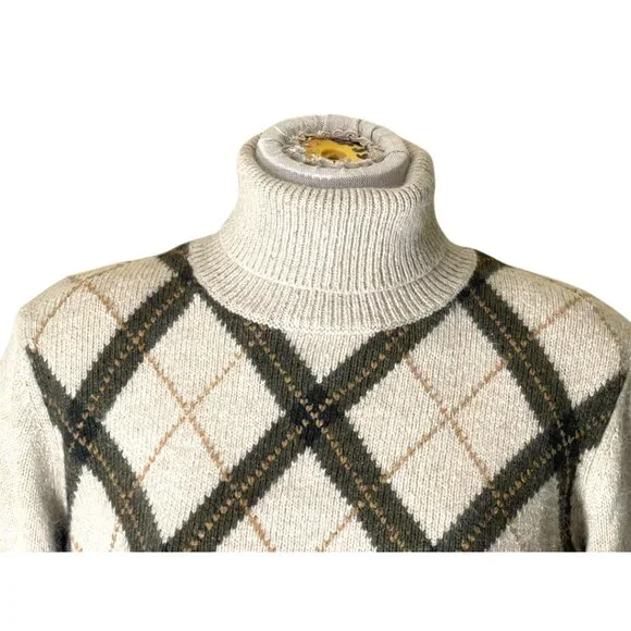 Vintage Evan Picone Tan & Brown Angora Blend Argyle Turtleneck Sweater Top Sz M - Picture 3 of 8